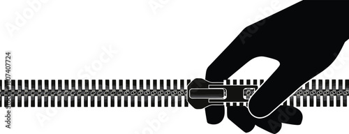 Black vector illustration of a hand closing or opening a zipper, symbolizing fashion, concealment, secrets, access, and textile industry concept.