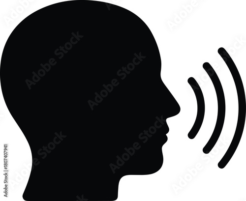 Black vector silhouette of a human head with sound waves, symbolizing voice command, speaking, communication, podcasting, and audio technology.