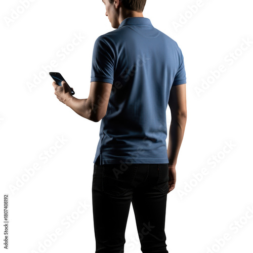 Man in blue polo shirt holding a phone isolated on transparent background