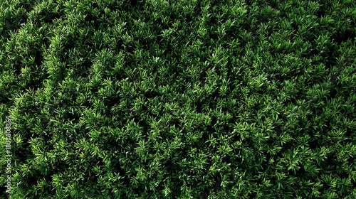 Dense vibrant green hedge texture of small needle like leaves fills  entire frame creating  natural backdrop