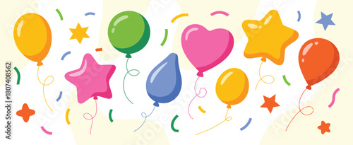Colorful balloons and confetti celebrating a festive occasion