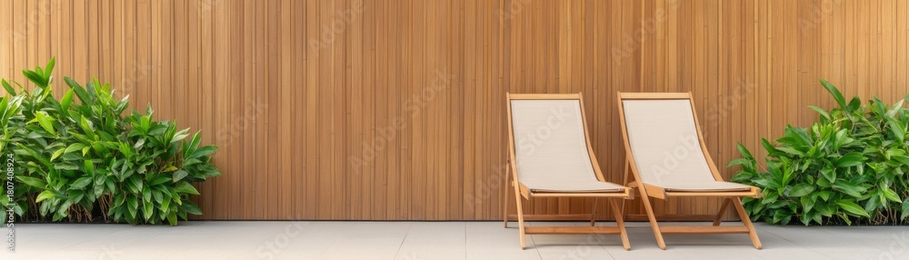 Obraz premium Two Wooden Deck Chairs by Wood Wall and Lush Greenery, Outdoor Furniture , Relaxation