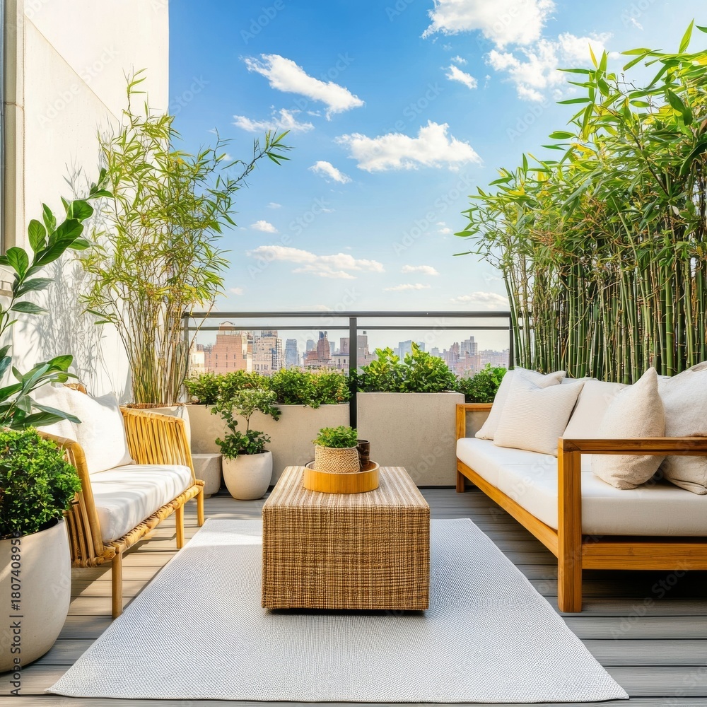 Obraz premium Urban Oasis Balcony City View with Bamboo, Sofa and Wicker Furniture, outdoor , patio