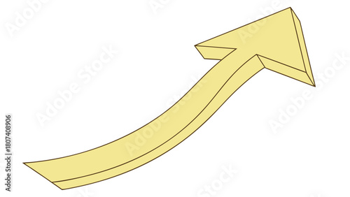A minimalist, high-quality 3D render of a single smooth, matte yellow arrow curving dynamically upwards and to the right. The arrow begins with a subtle wave or curve from the right , then