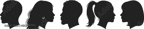 Diverse vector silhouettes of male and female profile heads, symbolizing identity, multi-ethnic community, diversity, users, and social network avatars.