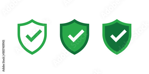 Three green shields with checkmarks symbolizing security and approval