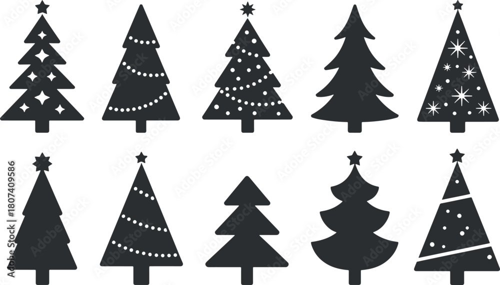 Obraz premium Christmas Tree Silhouettes Set – Pine, Fir, Spruce, Evergreen Trees, Holiday Decorations, Winter Celebration Clipart
