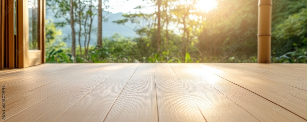 Obraz premium Wooden Deck Overlooking Lush Green Forest With Sunlight,nature ,balcony