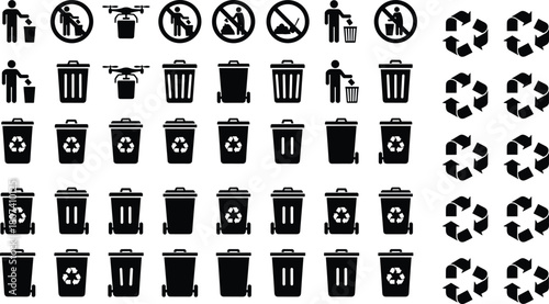 Extensive vector set of trash bins, recycling symbols, and prohibited waste disposal icons for environmental signage, safety, and waste management design.