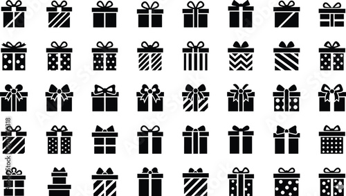 Mega vector set of various black gift box and present icons with ribbons and patterns, ideal for holidays, shopping, celebration, and surprise concepts.