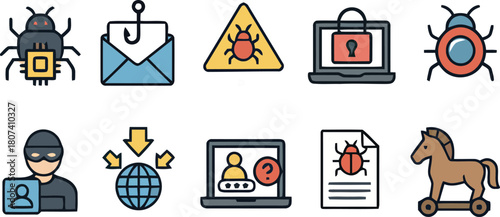 bug, phishing, warning, alert, risk, danger, malware., laptop, horse, password, threats, threat, stylized, keyhole, malware, description:, security, prompt, globe, collection, colorful, vector, networ