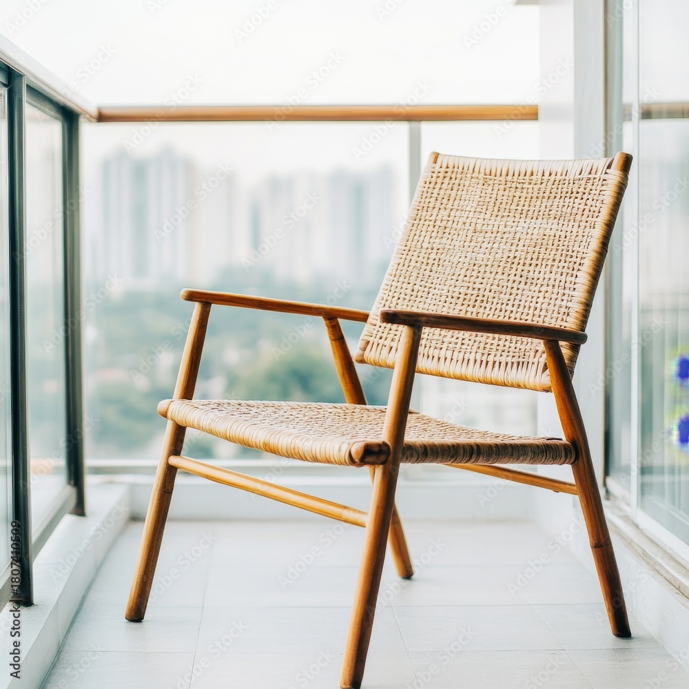 Obraz premium Woven Chair on Balcony Modern Relaxing with City View. , Furniture, Balcony