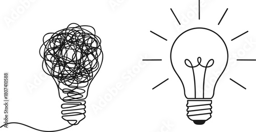 Messy scribbled line changing into a clean, shining light bulb, symbolizing problem-solving, idea generation, inspiration, and creative breakthrough.