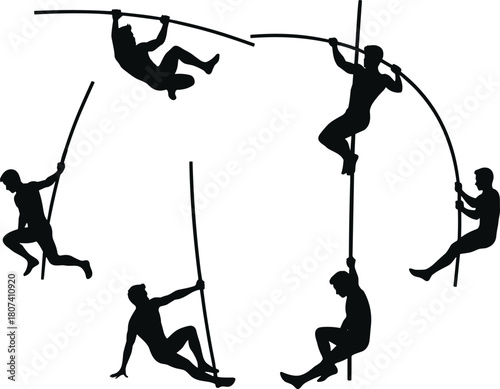Pole vault silhouette, athletic motion, black figure, vault stages, jump sequence, sports technique, dynamic posture, track event, landing form, action