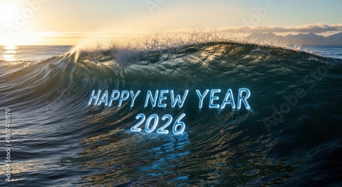 Fototapeta Naklejka Na Ścianę i Meble -  Happy new year 2026 text glowing in ocean wave at sunrise