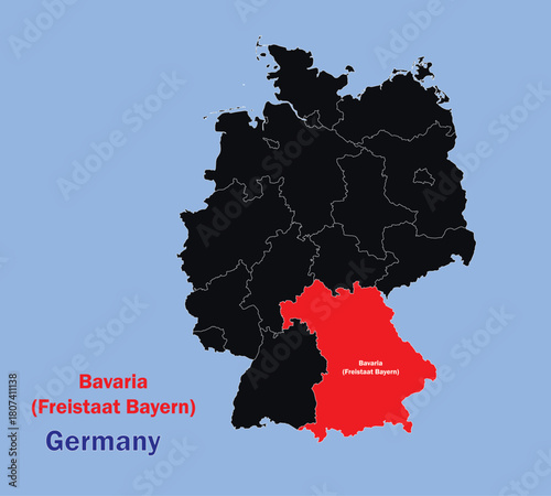 Map of Germany, Map of Germany states Vector Illustration. Map of Bavaria (Freistaat Bayern).