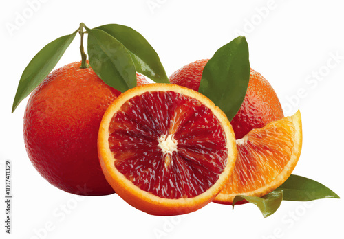 Vibrant Blood Oranges: A close-up shot showcasing the beauty of blood oranges, displaying the fruits, leaves, and cut slices. Evoking the sensation of freshness and vitality.