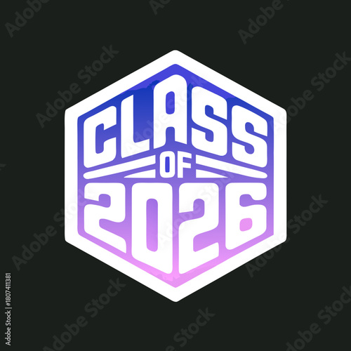 A vibrant emblem announces the graduating class of 2026, featuring a hexagon shape with a gradient of blue to purple, symbolizing achievement and future success
