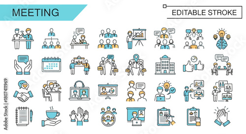 Collection of sleek line icons representing business meetings and collaboration