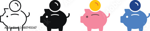 piggy bank, money, savings, coin, icon, symbol, finance, investment, illustration, graphic, design, outline, solid, color, pink, blue, black, yellow, white background, object