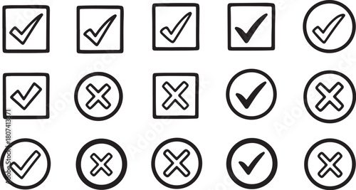 Check Mark and Cross Mark Icons in Boxes and Circles Simple Line Art Symbols x mark tick on transparent background