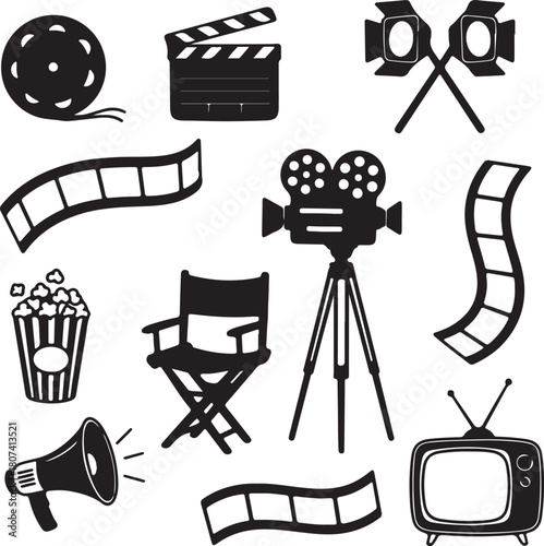 Collection of black silhouette movie and film production icons on a white background cinema on transparent background