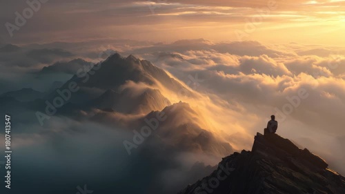 Wallpaper Mural Solitary figure admiring majestic mountain peaks at sunrise Torontodigital.ca