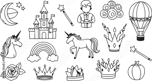 Hand-drawn black and white fairytale and fantasy elements including unicorns and castles crown magic wand on transparent background