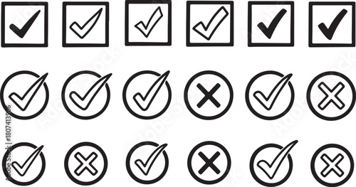 Set of Black and White Check Mark and Cross Icons in Squares and Circles x mark tick on transparent background