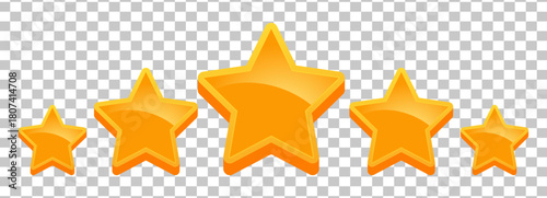 Five shiny golden stars of different sizes arranged in a row on a transparent background, representing rating or quality.