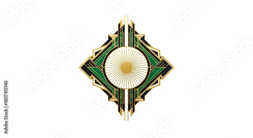 Symmetrical Art Deco emblem or badge featuring geometric shapes, black, gold, and vibrant green colors with a central sunburst design on a white background