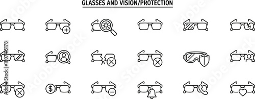 glasses, eyewear, vision, protection, safety, goggles, sunglasses, prescription, broken, cracked, warning, alert, notification, add, plus, search, magnifying glass, dollar, money, minus, remove, bell,