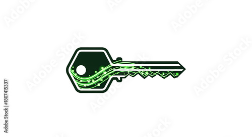 Stylized dark green security key silhouette featuring glowing neon green digital data streams and abstract squares on a white background