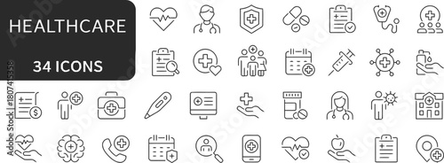 healthcare, medical, health, icons, symbols, collection, set, doctor, nurse, patient, hospital, clinic, medicine, pills, capsule, syringe, stethoscope, heart, pulse, heartbeat, brain, apple, hand, shi