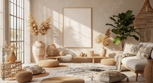 Bright and cozy bohemian style living room with a blank vertical poster frame for mockup.