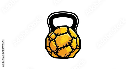 Stylized illustration of a kettlebell weight featuring a faceted, golden, rock-like or soccer ball texture