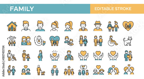 Sleek line icon collection featuring diverse family structures, relationships, and human connections, offering modern vector illustrations for digital design and web applications