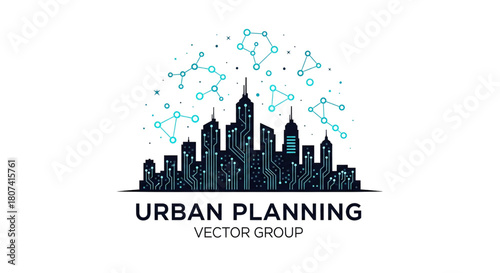 Silhouette of a modern cityscape integrated with glowing blue circuit board patterns representing smart city technology and connectivity