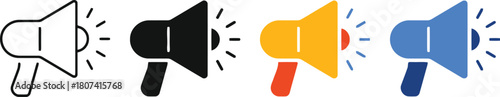 megaphone, speaker, announcement, sound, broadcast, communication, alert, attention, marketing, promotion, loud, signal, icon, set, collection, outline, black, yellow, orange, blue, graphic, design, s