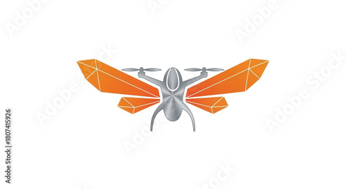 Abstract logo design of a futuristic drone styled as an insect with geometric orange wings and silver body