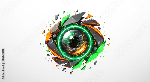 Digital abstract exploding eye composed of geometric shards with neon green circuits against a clean white background