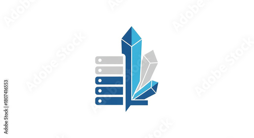 Abstract graphic design logo featuring abstract crystal structures combined with horizontal bar chart elements in shades of blue and gray