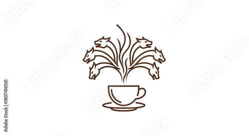 Minimalist line art logo design of a multi-headed mythical creature resembling a hydra emerging from a steaming coffee cup