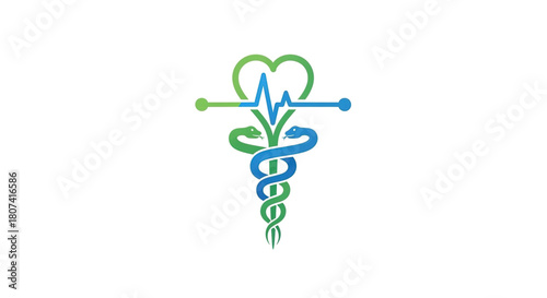 Modern medical symbol combining a caduceus staff with intertwined snakes and an electrocardiogram line forming a heart shape