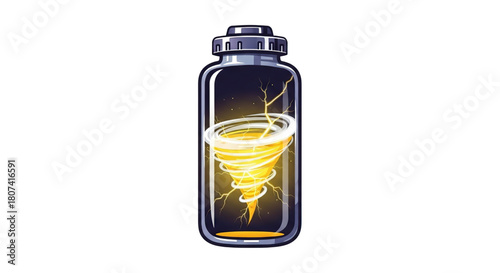 Illustration of a glass container holding a bright yellow tornado with internal electrical lightning bolts