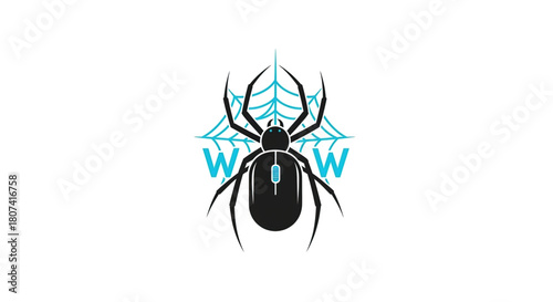 Black and cyan graphic illustration of a spider that incorporates a computer mouse body, set against a stylized web background with the letters WWW