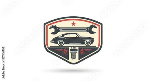 Retro style automotive service badge featuring a classic coupe car a large wrench and a spark plug illustration on a white background