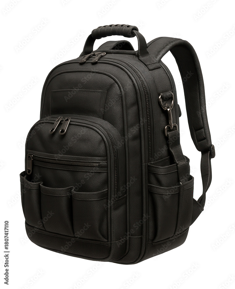 Naklejka premium Sturdy nylon tool backpack with padded straps for contractors on the go.
