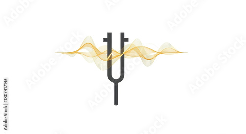 A black tuning fork icon symbolizing sound frequency and resonance is overlaid with a flowing golden abstract wave pattern on a white background
