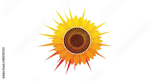 Stylized vector graphic illustration of a vibrant sunflower with bright yellow to intense red-orange petals against a pure white background